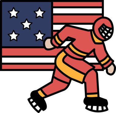 Kırmızı kıyafetli bir adam Amerikan bayrağının üzerinde koşuyor. Ülkede vatanseverlik ve gurur kavramı