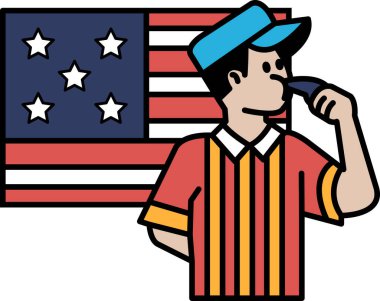 Kırmızı ve turuncu çizgili gömlekli bir adam sigara söndürüyor. Görüntü arka planda bir Amerikan bayrağına ait.