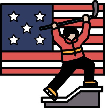 Kırmızı ceketli bir adam hokey sopası tutuyor ve hokey diskine vurmak üzere. Amerikan bayrağının önündeki bir hokey oyuncusunun görüntüsü.