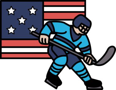 Amerikan bayrağının önünde bir hokey oyuncusu gösteriliyor. Hokey sporunda vatanseverlik ve gurur kavramı