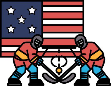 İki hokey oyuncusu Amerikan bayrağının önünde hokey sahasında kavga ediyor. Bayrak kırmızı, beyaz ve mavi.