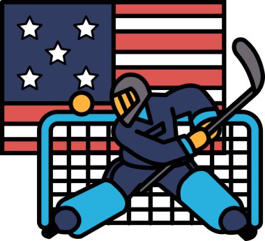 Bir hokey oyuncusu diski ağlara atmak üzere. Mavi formalı bir hokey oyuncusu ve mavi beyaz üniformalı bir kaleci. Kalecinin elinde hokey sopası var.