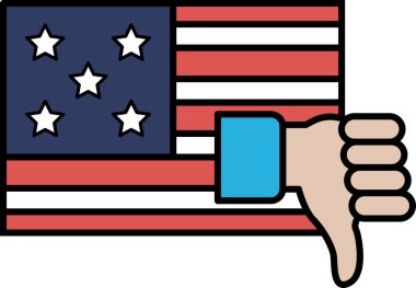 Amerikan bayrağında baş parmağı olan bir el karikatürü. Bayrak kırmızı, beyaz ve mavi.