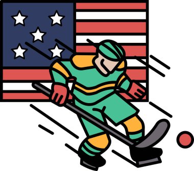 Arka planda Amerikan bayrağı olan bir hokey oyuncusu sahada kayıyor. Hokey sporunda vatanseverlik ve gurur kavramı