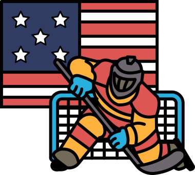 Bir hokey oyuncusu, elinde hokey sopasıyla maçın ortasındadır. Arka planda bir Amerikan bayrağı