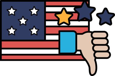 Amerikan bayrağında baş parmağı olan bir el karikatürü. Bayrağın yıldızları ve çizgileri var.