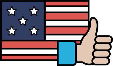 Amerikan bayrağına başparmak kaldıran bir el. Bayrak kırmızı, beyaz, mavi ve yıldızlı.