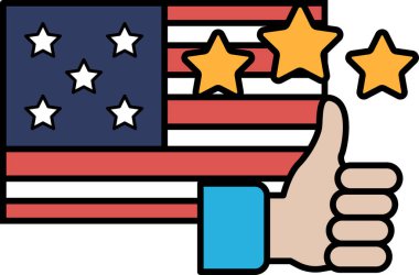 Amerikan bayrağına başparmak kaldıran bir el. Bayrağın yıldızları ve çizgileri var. El bayrağın üzerinde, başparmak yukarı bakıyor. Onay ve vatanseverlik kavramı