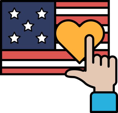 Amerikan bayrağındaki kalbi gösteren bir el. Kalp sarı, bayrak kırmızı, beyaz ve mavi.