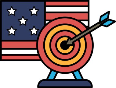 Hedefi gösteren siyah oklu kırmızı ve beyaz bir Amerikan bayrağı. Hedefe ya da hedefe nişan alma kavramı ve Amerikan bayrağı hedefin bulunduğu ülkeyi temsil ediyor.