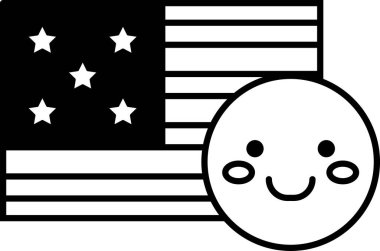 Arkasında bayrak olan gülümseyen bir yüz karikatürü. Çizgi film neşeli ve neşeli.