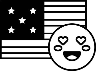 İki kalbi ve arka planında bir bayrağı olan gülümseyen bir yüzün siyah beyaz çizimi.