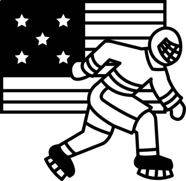 Hokey üniformalı bir adam bayrağın üzerinde koşuyor. Adam kask takıyor.