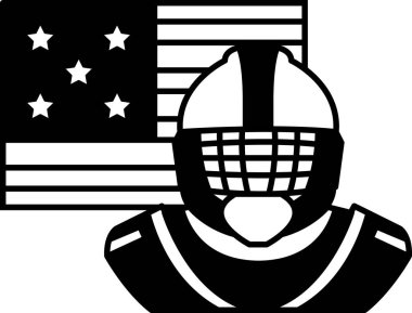 Bir futbolcu kask takıyor ve bir Amerikan bayrağının önünde duruyor. Futbol sporunda vatanseverlik ve gurur kavramı