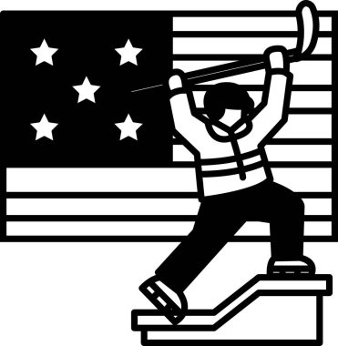 Hokey sopası tutan bir adam bayrağa çarpmak üzere. Bayrak bir duvarda ve yıldızlarla çevrili.