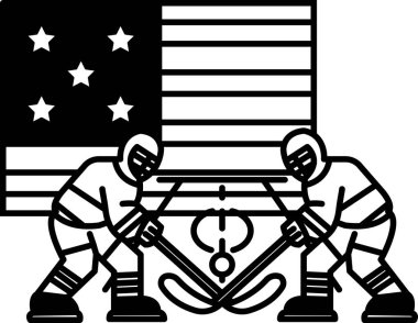 İki hokey oyuncusu arka planda Amerikan bayrağı olan bir hokey sahasında kavga ediyor.