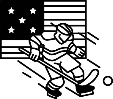 Hokey üniformalı bir adam arkasında Amerikan bayrağı olan bir sahada paten kayıyor. Bayrak, ABD için bir vatanseverlik ve gurur sembolüdür.