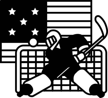 Bir hokey oyuncusu gol atmak üzere. Hokey sopası ve hokey diski olan siyah üniformalı bir hokey oyuncusu. Oyuncu bir kalenin önünde ve arka planda bir bayrak var.