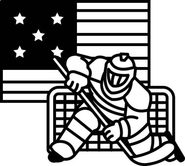 Bir hokey oyuncusu maçın ortasında, arkasında bir bayrak var. Bayrak, sahneye vatansever bir dokunuş katan Amerikan bayrağıdır.