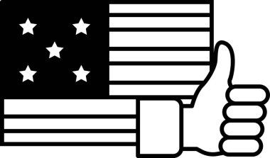 Bir Amerikan bayrağının tepesindeki baş parmağın resmi. Başparmak işareti, vatanseverliğin ve gururun sembolü olan Amerikan bayrağına onay veriyor.