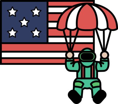 Elinde Amerikan bayrağı ve şemsiyesi olan yeşil takım elbiseli bir adamın karikatürü. Adam gökyüzünden düşüyor ve arkasında bayrak var.