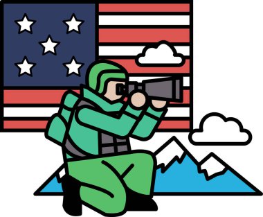 Yeşil üniformalı bir adam çömelmiş kameranın merceğine bakıyor. Bir anı ya da sahneyi yakalamaya odaklanmış. Yeşil üniformalı bir adamın görüntüsü.