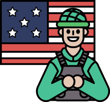 Yeşil üniformalı bir adam gülümsüyor ve Amerikan bayrağının önünde duruyor. Ülkenizde vatanseverlik ve gurur kavramı