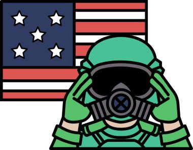 Yeşil gaz maskeli bir adam Amerikan bayrağına bakıyor. Tehlike ve belirsizlik kavramı. Çünkü adam gaz maskesi takıyor ve tehlikeli bir durumda.