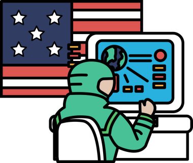 Yeşil takım elbiseli bir adam arkasında bayrak olan bir bilgisayar monitörünün önünde oturuyor.