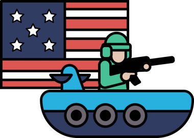 Yeşil üniformalı bir adam silah tutuyor ve Amerikan bayrağının önünde duruyor.