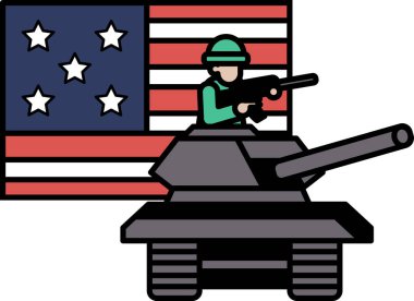 Bir asker Amerikan bayrağının önünde tank sürüyor. Tank, gerçek bir tankın karikatürsel bir temsili ve asker elinde bir silah tutuyor. Tankla savaş ve çatışma kavramı