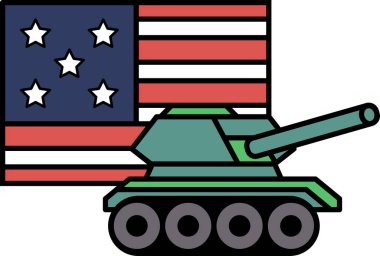 Kırmızı, beyaz ve mavi Amerikan bayrağının yanında yeşil bir tank var. Tank bir çizgi film tarzında çizilir ve bayrak basit ve temiz bir şekilde çekilir.