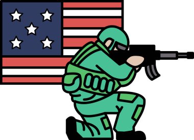 Yeşil üniformalı bir adam silah tutuyor ve Amerikan bayrağının önünde duruyor. Ülkenizde vatanseverlik ve gurur kavramı