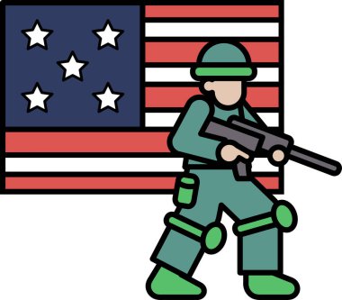 Amerikan bayrağının önünde bir asker duruyor. Asker bir silah tutuyor. Bayrak kırmızı, beyaz ve mavi.