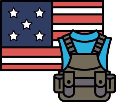 Kırmızı, beyaz ve mavi Amerikan bayrağının yanında mavi bir yelek var. Bayrak görüntünün arka planıdır