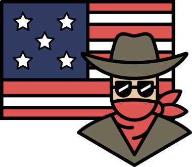 Kafasında bandana ve yüzünde güneş gözlüğü olan bir kovboy Amerikan bayrağının önünde duruyor.