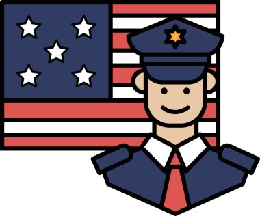 Mavi üniformalı bir adam Amerikan bayrağının önünde duruyor. Gülümsüyor ve o bir polis memuru.
