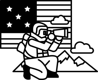 Uzay giysisi giymiş bir adam çömelmiş teleskoptan bakıyor. Uzaktaki bir şeye odaklanmış durumda. Muhtemelen yıldızları ya da diğer gök cisimlerini gözlemliyor.