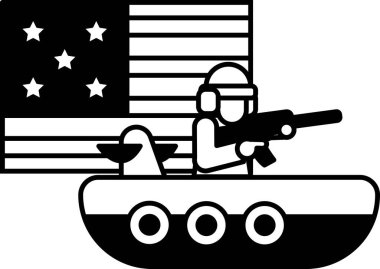 Askeri üniformalı bir adam silah tutuyor ve bir teknede duruyor. Teknenin etrafı yıldızlar ve çizgilerle çevrili. Bu da demek oluyor ki adam ya bir görevde ya da savaşta.