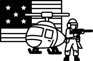 Bir adam silah tutuyor ve bir helikopterin yanında duruyor. Askeri eylem ve hazırlık kavramı