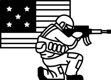 Bir asker tüfeğini tutuyor ve bir Amerikan bayrağının önünde diz çöküyor. Ülkene hizmet ederken vatanseverlik ve gurur kavramı