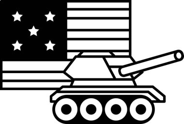 Bir tankın siyah beyaz çizimi ve bayraktaki yıldızlar. Tank bayrağın önüne yerleştirilmiş, etrafında yıldızlar var. Vatanseverlik ve askeri güç kavramı
