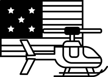 Üzerinde yıldız olan siyah beyaz bir helikopter çizimi. Helikopter, aynı zamanda siyah ve beyaz olan bir Amerikan bayrağının önüne yerleştirilmiştir. Bayrağın yıldızları var