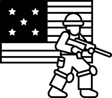 Bir asker Amerikan bayrağının önünde duruyor. Asker bir tüfek tutuyor ve askeri üniforma giyiyor. Ülkenizde vatanseverlik ve gurur kavramı