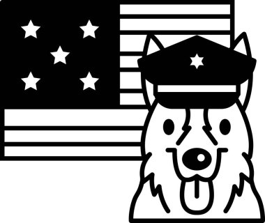 Polis şapkası takan bir köpek Amerikan bayrağının önünde duruyor. Ülkenizde vatanseverlik ve gurur kavramı