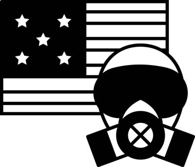 Arka planda bayrağı olan gaz maskeli bir adamın siyah beyaz görüntüsü. Tehlike ve koruma kavramı