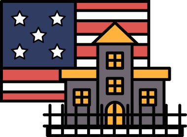 Amerikan bayrağının yanında bir ev gösteriliyor. Ev beyaz çatılı küçük, sarı bir binadır. Ev bir çitle çevrili. Amerikan bayrağı kırmızı, beyaz ve mavidir.