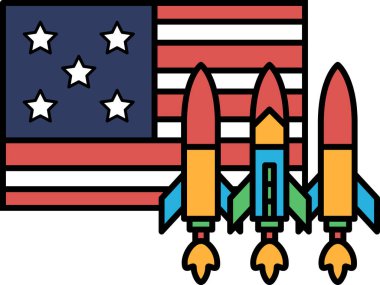 Amerikan bayrağının önünde üç roket dalgalanıyor. Roketler kırmızı, mavi ve yeşil.