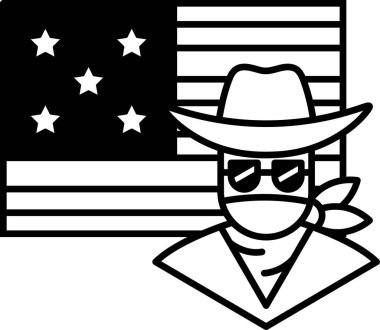 Kovboy şapkalı ve güneş gözlüklü bir adam Amerikan bayrağının önünde duruyor. Macera ve heyecan kavramı, kovboy bir yolculuğa çıkmaya hazır.