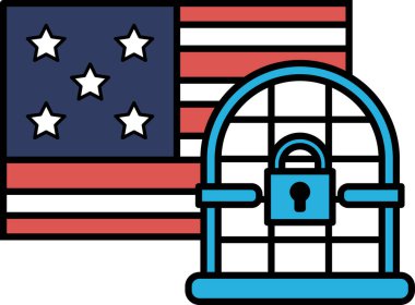 Kırmızı yıldızlı ve kafesli mavi beyaz bir Amerikan bayrağı. Kafes bayrağın sağ tarafında.